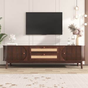LOVSON Rattan TV Stand for TVs up to 75'', Entertainment Center with 2 Doors & 2 Drawers, Solid Wood Feet, for Living Room, Brown - 1 of 4