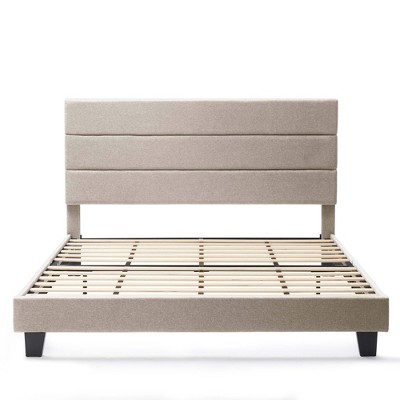 Beige Linen Upholstered King Platform Bed with Tufted Headboard