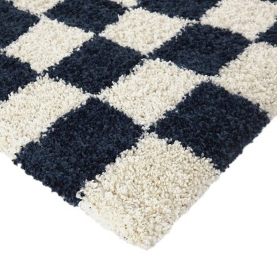 Navy and White Checkered Shag Kids' Rug