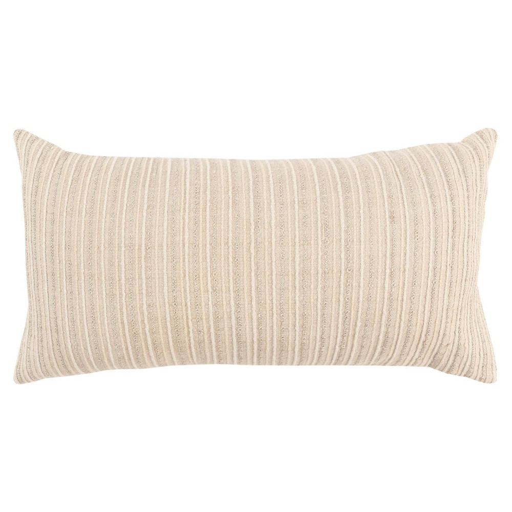 14"x26" Oversized Solid Striped Poly Filled Lumbar Throw Pillow Light Beige - Rizzy Home: Canvas Texture, Indoor Use