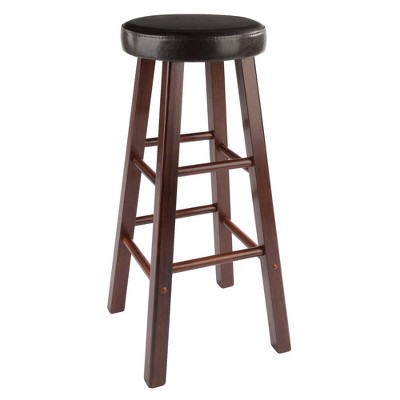 Transitional Walnut Brown Wood Bar Stool with Espresso Cushion, 30"