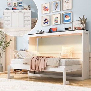 TIRAMISUBEST Twin Size Murphy Bed with LED Light, Wooden Folding Bed Frame with Storage Shelf & Vintage Handles - 1 of 4