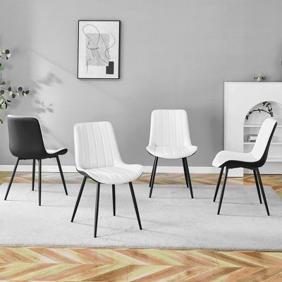 DOMETOUR PU Dining Chair Set of 4, Extended Seat Cushion, Modern Smooth Lines, White & Black Splicing