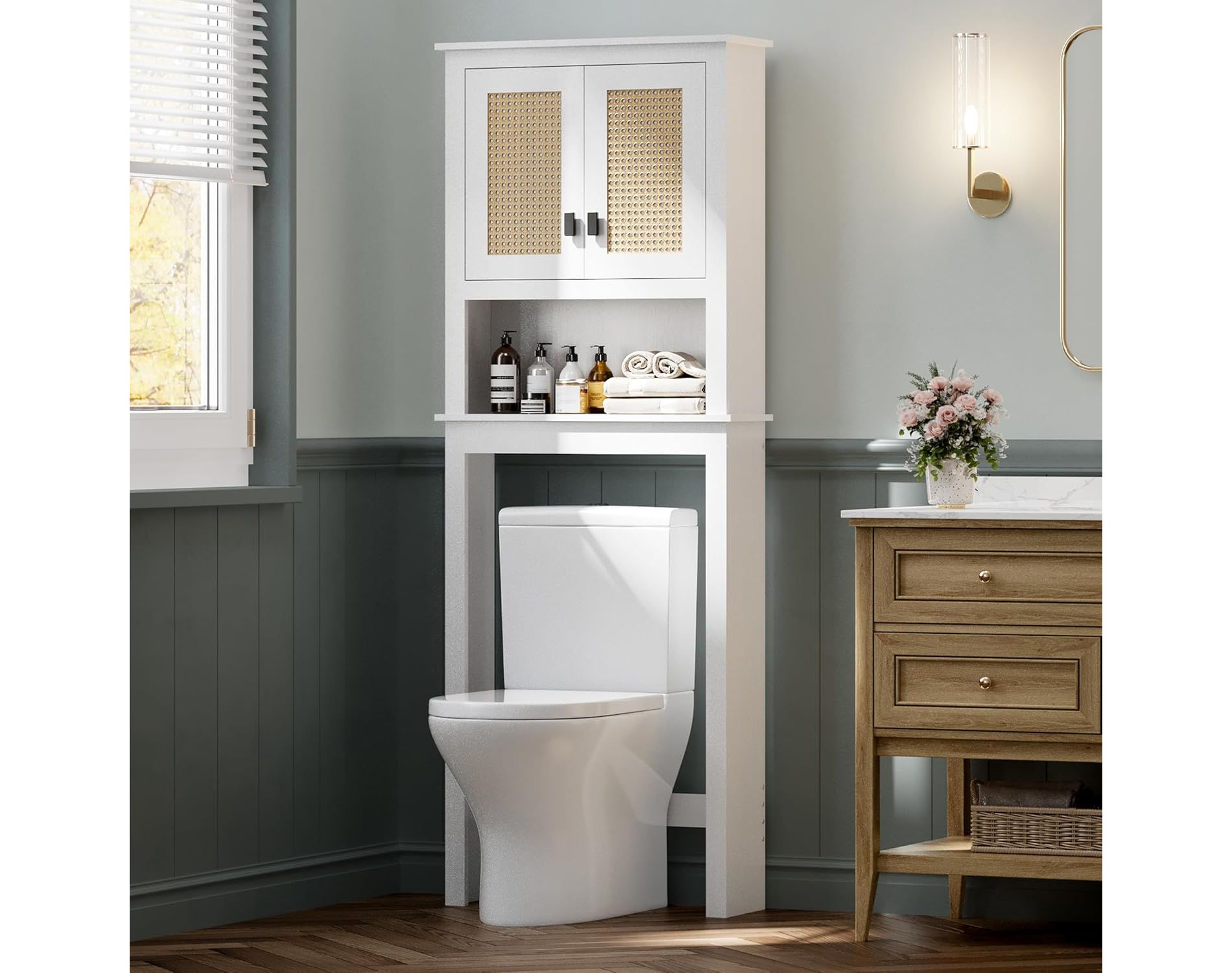 Coucheta Farmhouse Over-The-Toilet Storage Cabinet with Rattan Doors, Adjustable Shelf - Freestanding Wood Bathroom Organizer in White