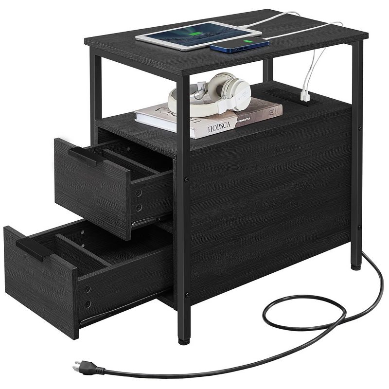 VASAGLE Side Table with Charging Station, Narrow End Table with 2 Drawers, Slim Nightstand and Bedside Table with Storage, 2 of 10