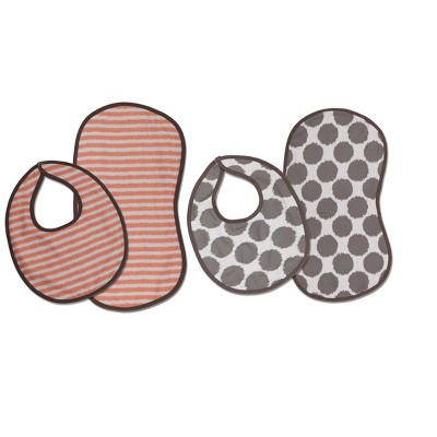 Bacati - Ikat Coral/Gray Dots/Stripes Muslin 4 pc set of Bibs & Burp Cloths Set