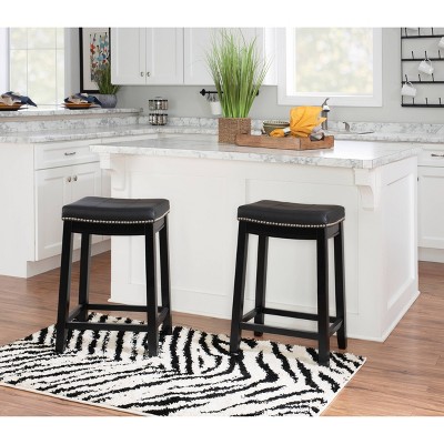 26" Black Wood and Leather Saddle-Style Backless Counter Stool
