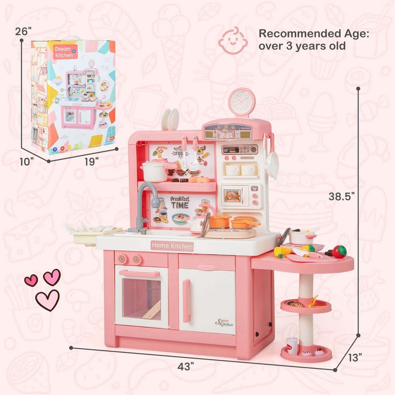 Costway Kids Pretend Kitchen Playset Role Play Kitchen Play Toy with Sink Oven Microwave Pink/Grey, 3 of 11