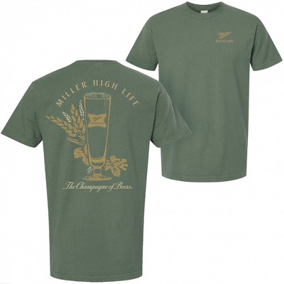 Mens Miller High Life The Champagne of Beers Gart Dyed Green Front and Back T-Shirt