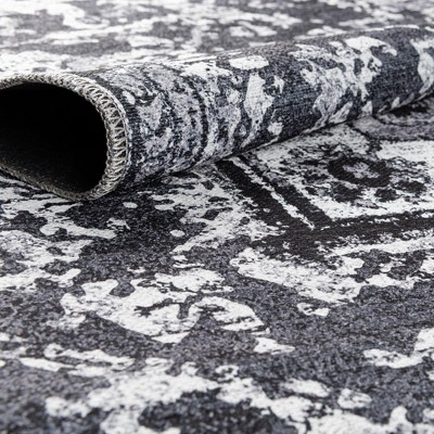 Dark Gray Rectangular Medallion Synthetic Washable Area Rug