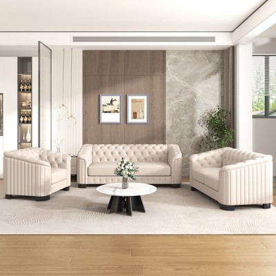 Modern 3-Piece Velvet Upholstered Sofa Set with Rubber Wood Legs, Including 3-Seater, Loveseat, and Single Chair