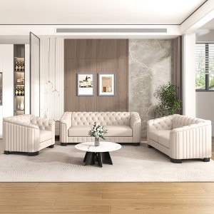 Modern 3-Piece Velvet Upholstered Sofa Set with Rubber Wood Legs, Including 3-Seater, Loveseat, and Single Chair - 1 of 4