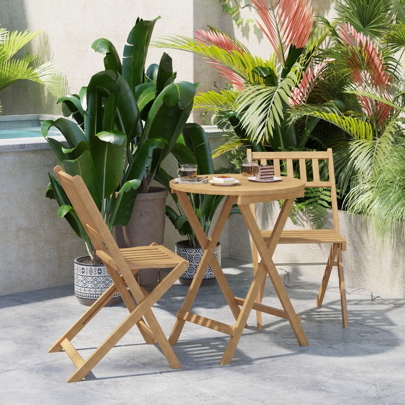 Flash Furniture Indoor/Outdoor Acacia Wood Folding Table and 2 Chair Bistro Set in Natural, 2 of 13