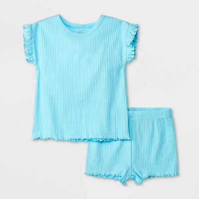 Image of Baby Girls' Ruffle Ribbed Top & Bottom Set - Cat & Jack™ Turquoise Green Newborn