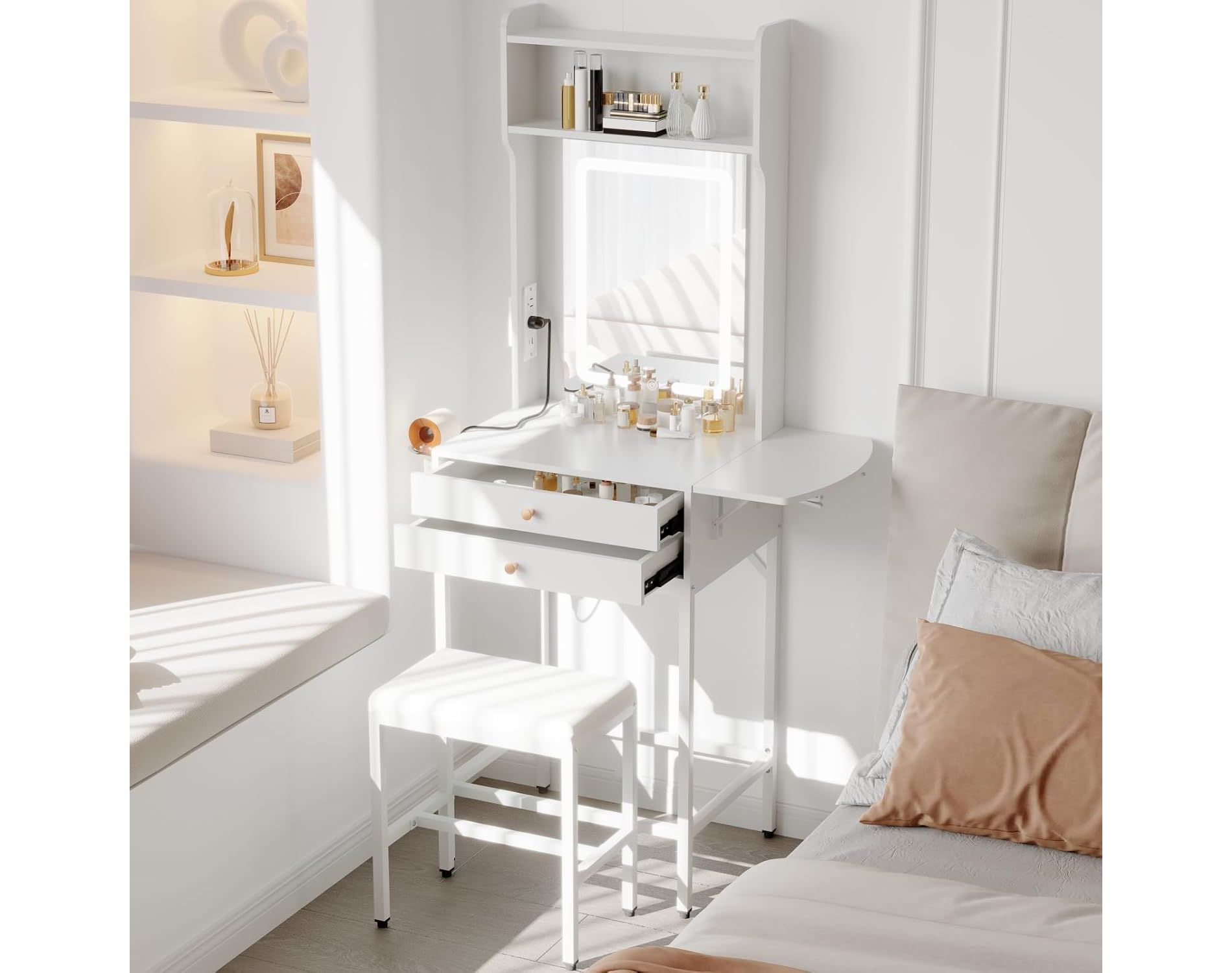Acekool Mini Makeup Vanity Desk with Lighted Mirror, Foldable Side Panel, Hair Dryer Holder, 2 Drawers, Compact Dressing Table for Small Spaces