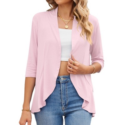 Womens Bracelet Sleeve Cardigan with Ruffle Hem Open Front 3/4 Sleeve Cardigan All Season Outfits