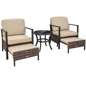 Tangkula Set of 5 Wicker Conversation Set Space Saving Cushions Chairs w/ Ottomans Table Patio
