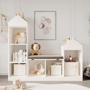Children Bookcase with Reading Nook 6-Cubby Toy Storage Organizer Seat Cushion Width Kids Bookshelf Wooden Storage Bench - 1 of 4