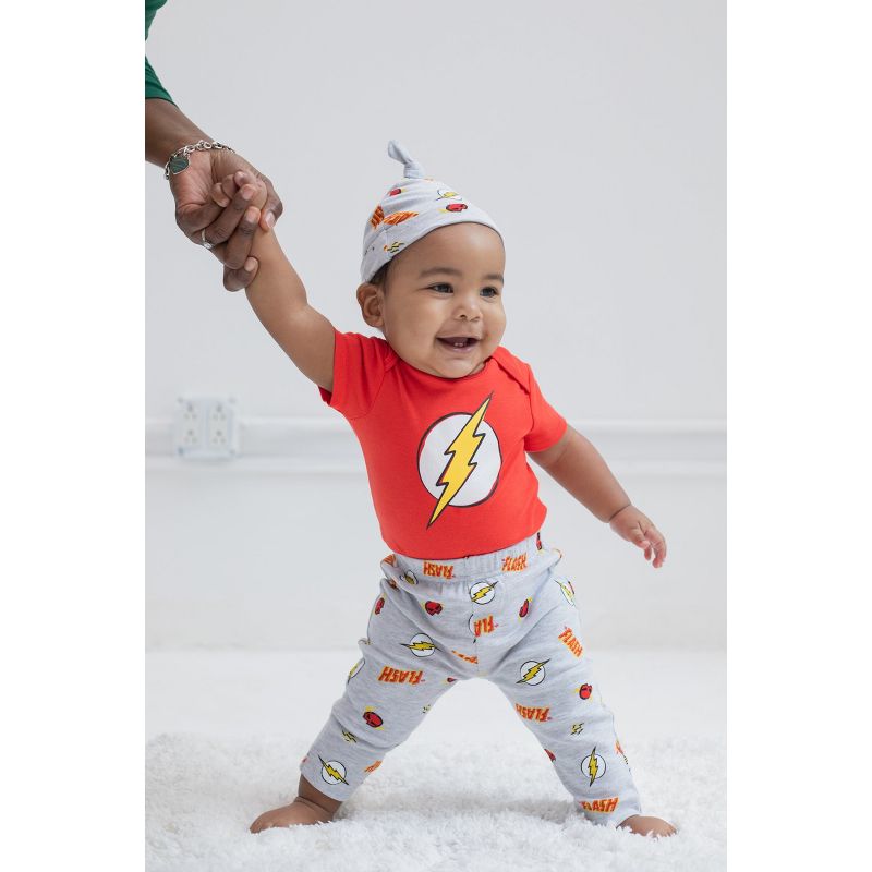 DC Comics Justice League Superman Flash Baby Pants Bodysuit and Hat 3 Piece Outfit Set Newborn to Infant, 2 of 8