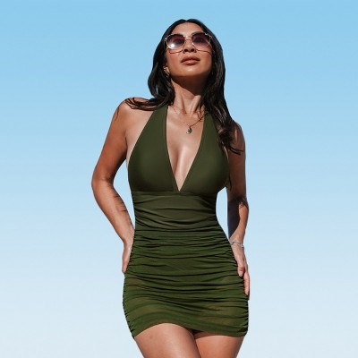 Women's Plunging Halterneck Tummy Control Swim Dress Swimsuit - Cupshe