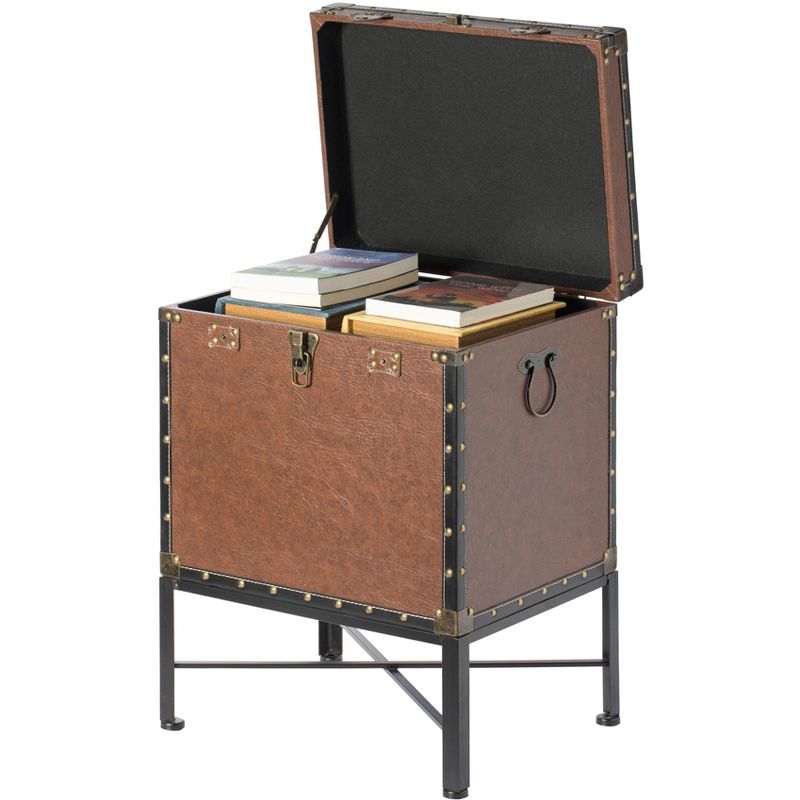 Vintiquewise Faux Leather Trimmed Lockable Square Lined Storage Trunk, End Table on Metal Stand, 5 of 9