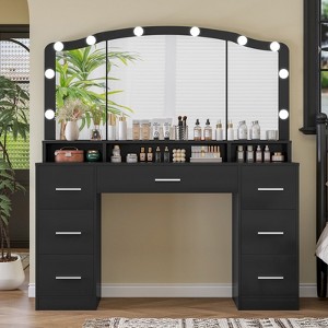 USIKEY 43.3" Vanity Desk with Large Lighted Mirror, Makeup Vanity Table with 7 Drawers & 10 Lights Bulbs, 3 Lighting Colors - 1 of 4
