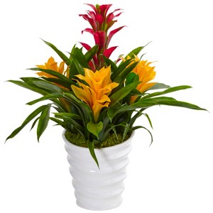 Nearly Natural Tropical Bromeliad Artificial Plant in White Swirl Vase - 1 of 3