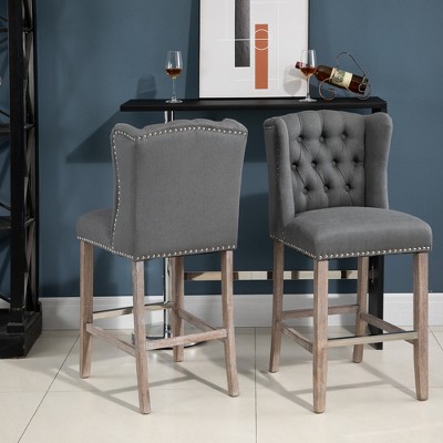 Dark Grey Upholstered Wingback Bar Stools with Wood Legs, Set of 2
