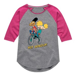 Girls' - Hey Arnold! - Arnold and Gerold Bike Shirt Tail Raglan Graphic T-shirt - 1 of 4
