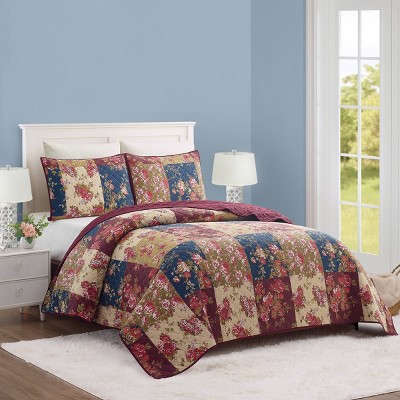 Full Red Cotton Reversible Quilt Set with Shams