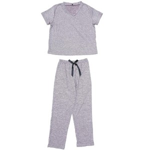 INSPIRE CHIC Women's 2 Pcs Pajamas Set Short Sleeve V Neck Pullover Top with Pants Soft Knit Sleepwear Lounge Set - 1 of 4