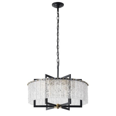 Modern Ripple Glass Drum Chandelier, Black and Gold Pendant Light Fixture for Dining Room or Foyer