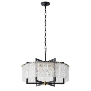 Modern Ripple Glass Drum Chandelier, Black and Gold Pendant Light Fixture for Dining Room or Foyer - 1 of 4