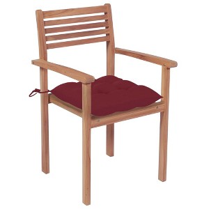 vidaXL 4X Teak Wood Outdoor Chairs with Wine Red Cushions - Stackable Patio Seating for Garden, Lounge, Bar, Café - 1 of 4