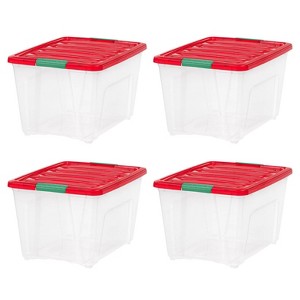 IRIS 4pk 54qt Stackable Holiday Plastic Storage Bins with Lids and Latching Buckles Clear Red - 1 of 4