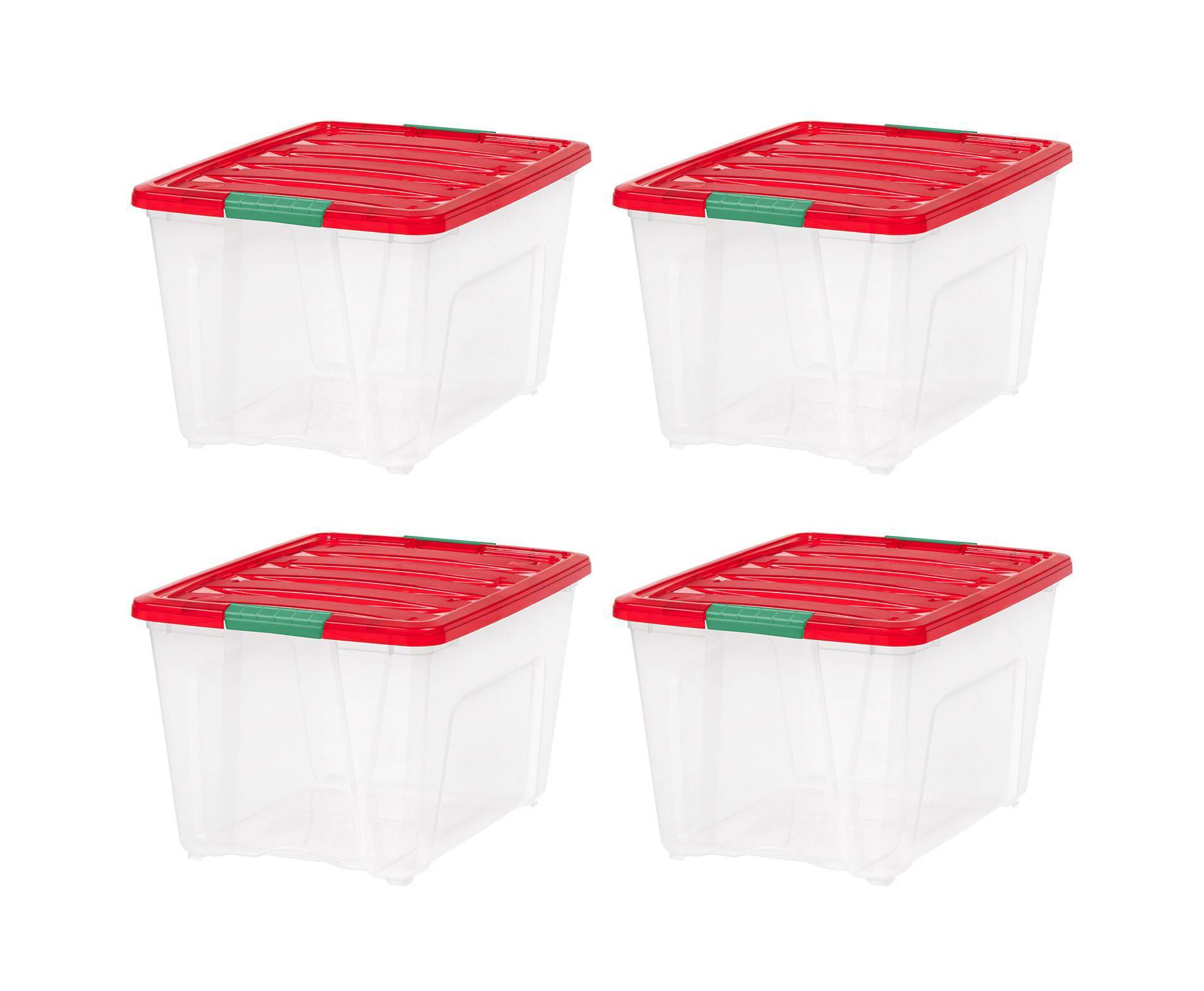 IRIS 4pk 54qt Stackable Holiday Plastic Storage Bins with Lids and Latching Buckles Clear Red