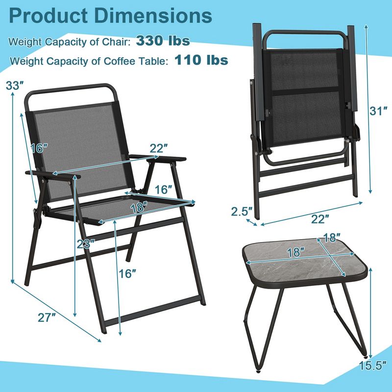Costway 3pcs Patio Folding Conversation Chairs&Table Heavy-Duty Metal Outdoor Portable, 3 of 11