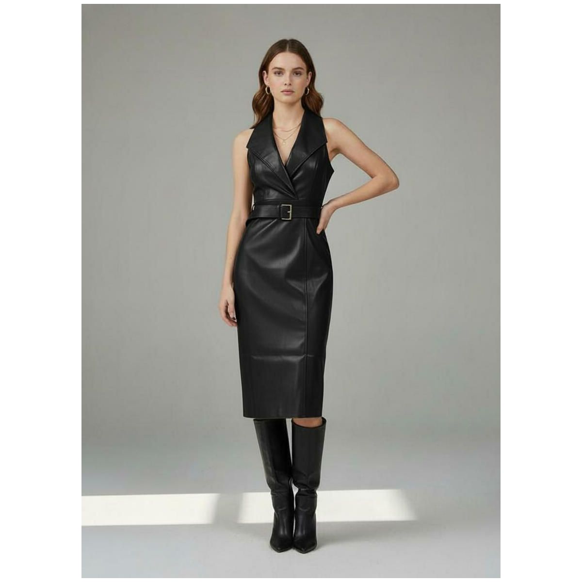 Garvee Women's Leather Lapel Belted Midi Dress Sleeveless Fitted PU Sheath with Self-Tie Waist