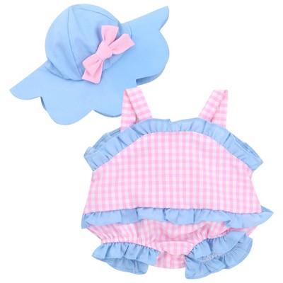 Sophia's 15" Baby Doll Gingham Summer Romper and Hat, Pink & Blue