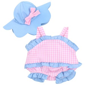 Sophia's 15" Baby Doll Gingham Summer Romper and Hat, Pink & Blue - 1 of 4