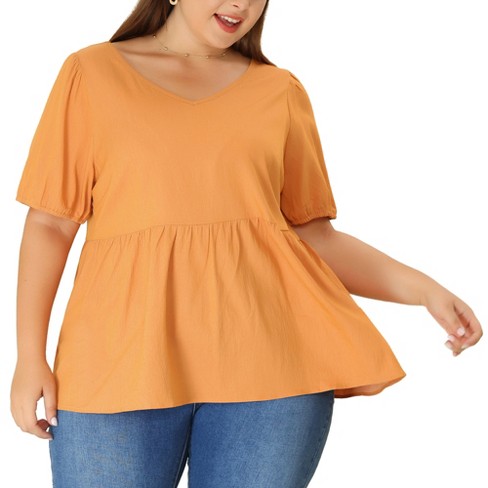 Agnes Orinda Women's Plus Size Fashion V Neck 3/4 Flounce Sleeve Babydoll  Blouses Orange 4X