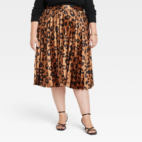 Women's Pleated Satin Midi A-Line Skirt - Ava & Viv™ Brown Animal Print 4X