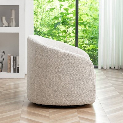 White Boucle Upholstered Swivel Barrel Accent Chair