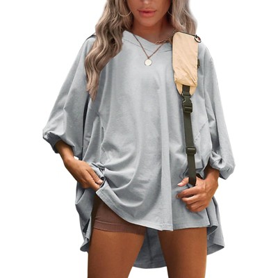 EXLURA Summer 3/4 Length Sleeve Womens Tops Casual Loose V Neck Tunic Tops Oversize T Shirts Solid Basic Tees Blouses 2025
