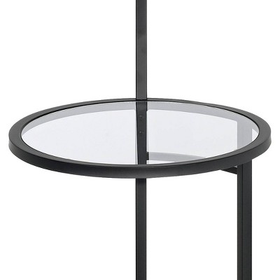 Black Metal Floor Lamp with Glass Tray and White Drum Shade