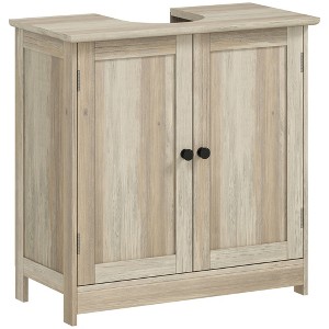 HOMCOM Under Sink Bathroom Cabinet with 2 Doors and Shelf, Pedestal Sink Bathroom Vanity Furniture, Weathered Gray Oak - 1 of 4