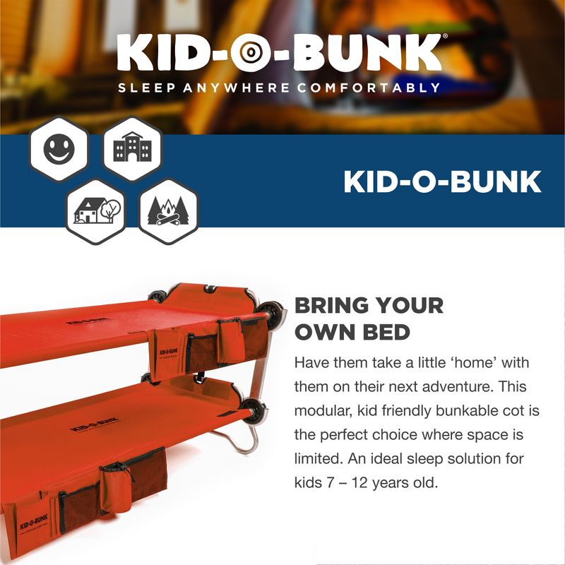 Disc-O-Bed Youth Kid-O-Bunk 2 Person Bench Bunked Double Bunk Bed Cots with 2 Side Organizers and Carry Bags for Outdoor Camping Trips, Red, 2 of 7