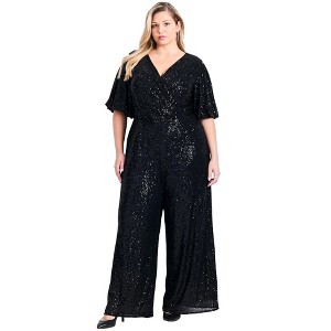 Avenue Women's Plus Size Nada Sequin Puff Sleeve Jumpsuit - 1 of 4