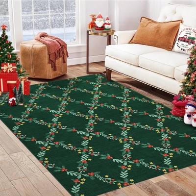 Washable Christmas Rug, Non-Slip Holiday Accent Rug with Garland Pattern, Low Pile Non-Shedding Carpet for Living Room & Office
