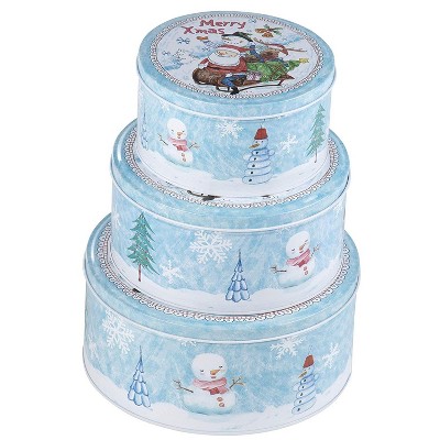 Juvale 3-Piece Round Christmas Cookie Tin Set, Nesting Baking and Cake Tin with Lid, Light Blue/White, 3 Assorted Sizes